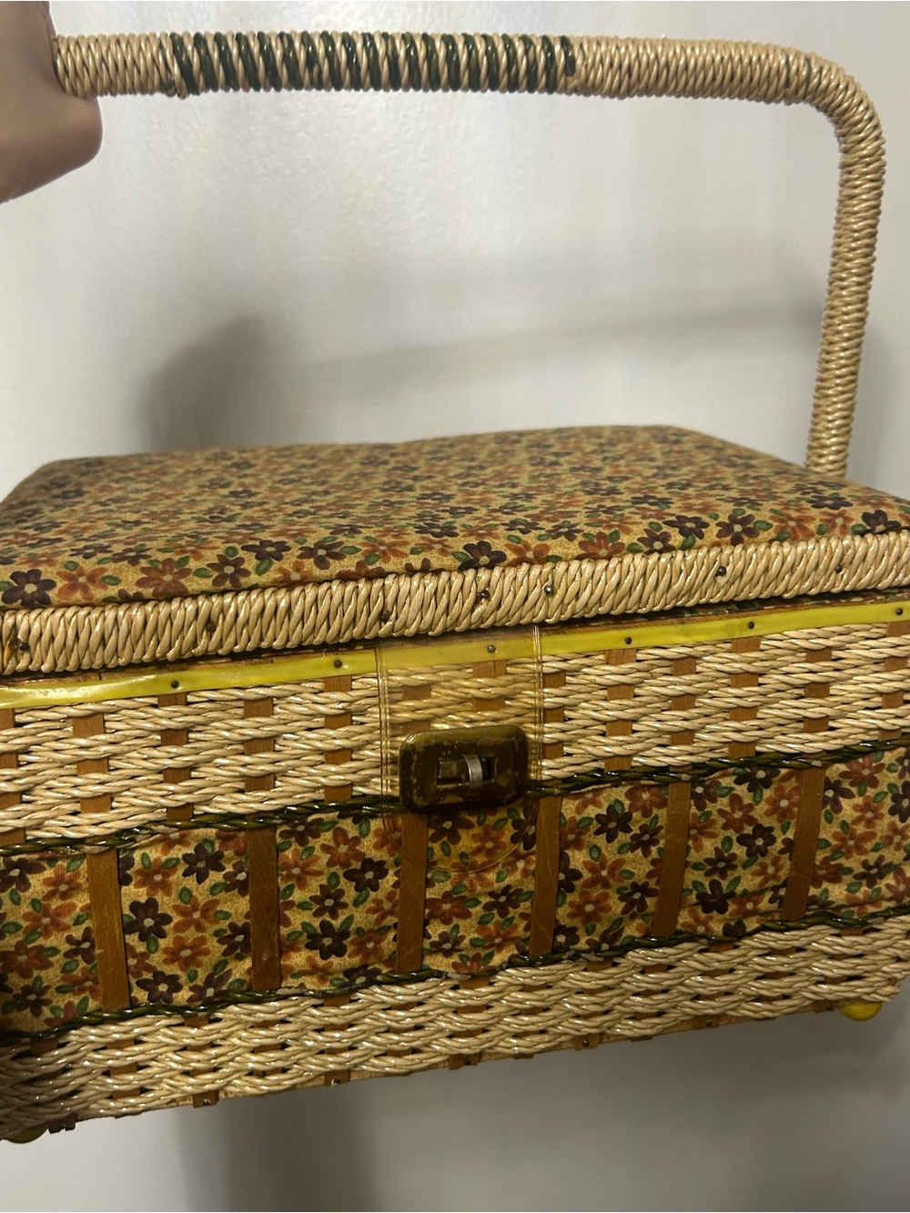 Vintage Japan Wicker Sewing Basket Yellow Floral Cat Mouse Button Embellishments